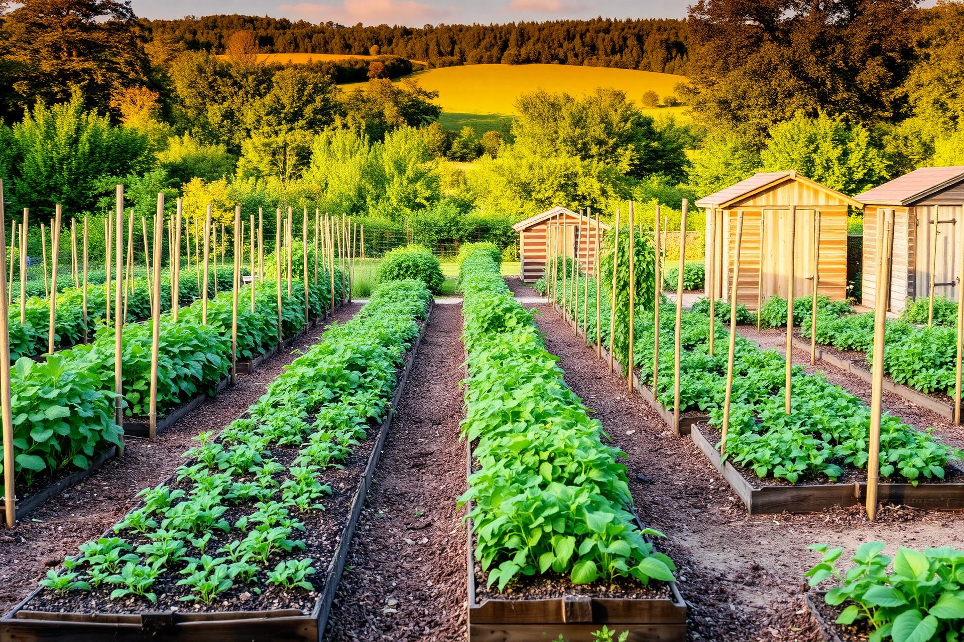 Neat rows of vegetables and wooden sheds at a Buckinghamshire allotment at golden hour